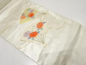 扇に牡丹・菊模様　刺繍　名古屋帯